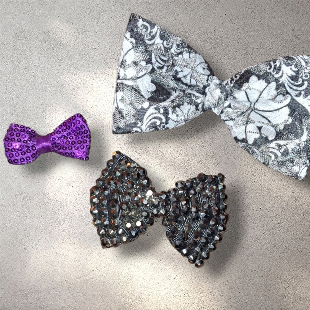 Lot Of 3 Bow Hair Accessories Aligator Style Black, Sequins, Purple Lace
